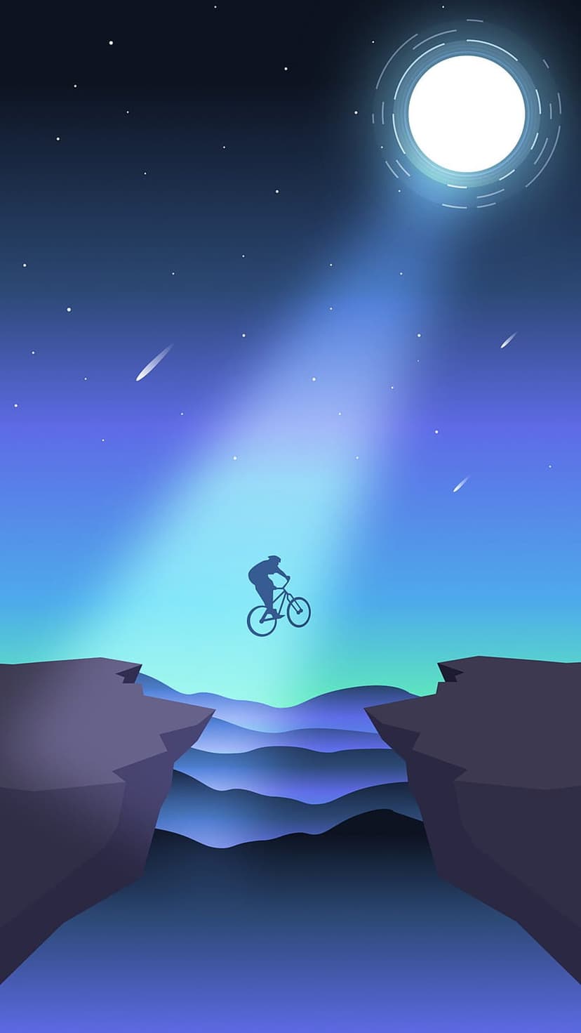 Silhouette cyclist jumping between cliffs under a glowing moon, shooting stars, and a purple aurora sky.