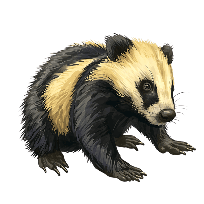 Badger illustration featuring realistic black white fur textures and sharp claws on a dark solid background.