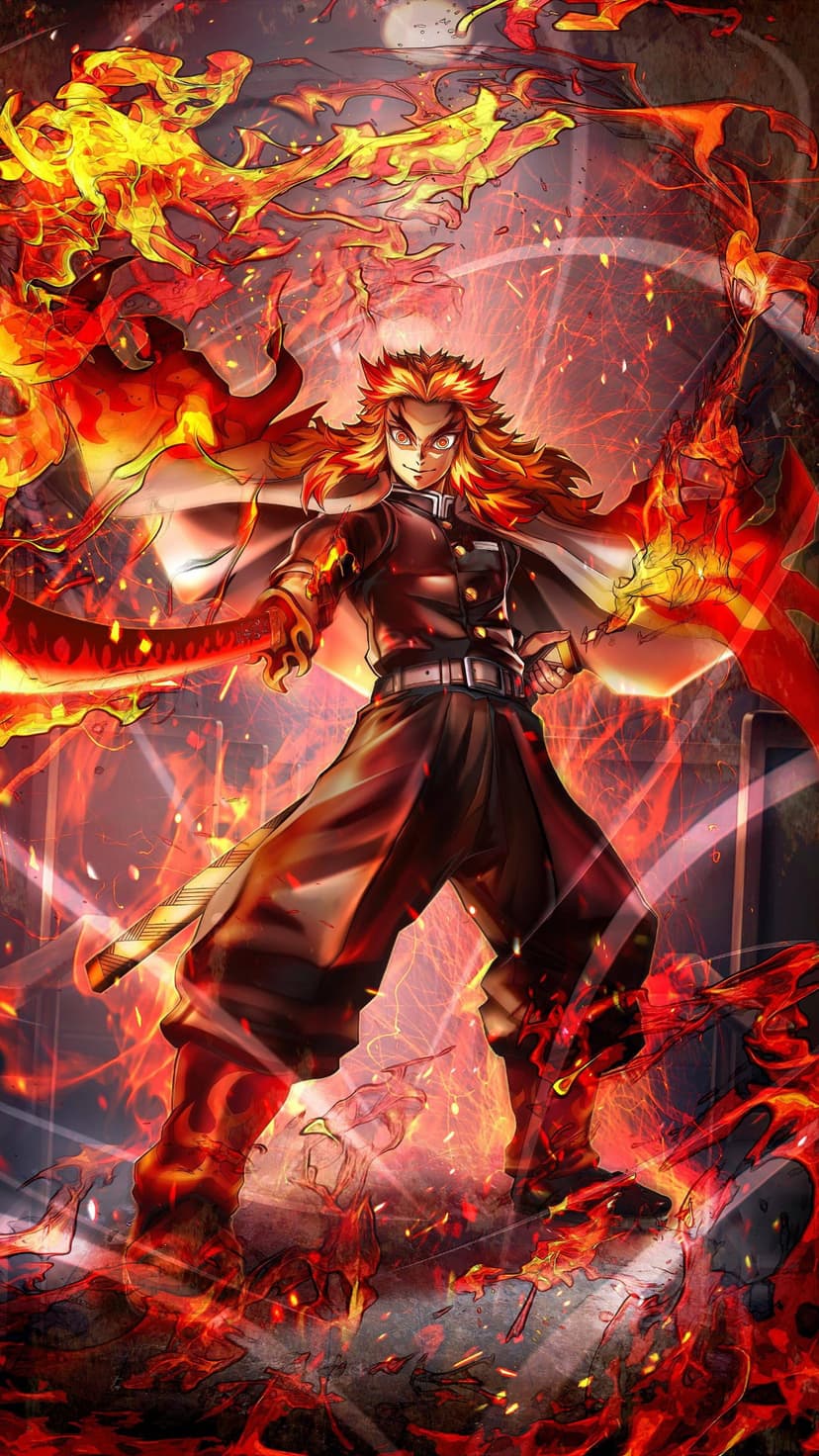 Kyojuro Rengoku maintains a fierce expression while engulfed in bright orange and red flames against a dark void.