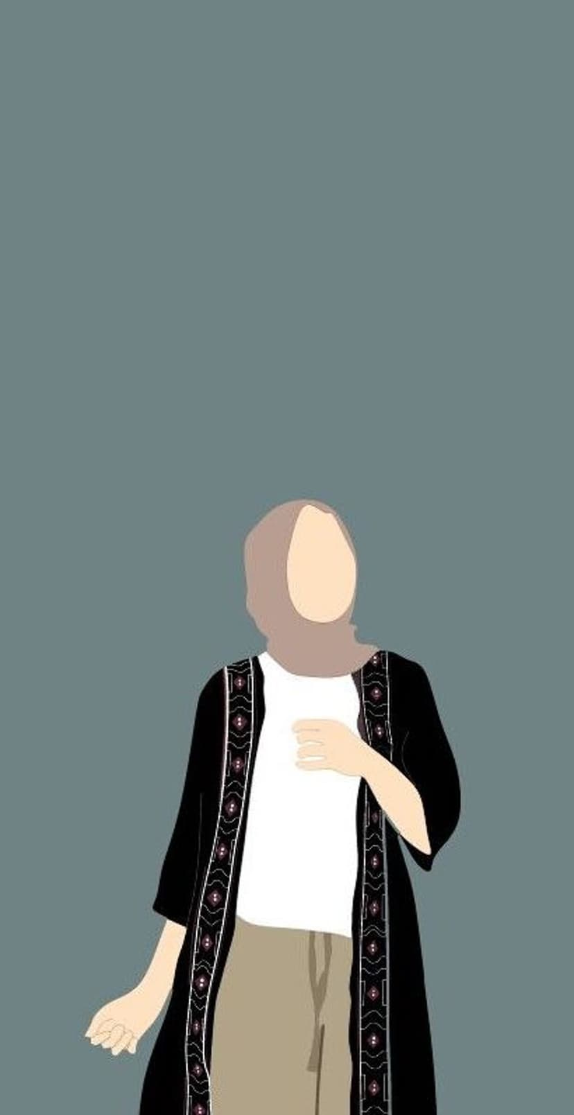 Woman wearing a beige hijab and black kimono with white trim posed against a muted grey-blue background.