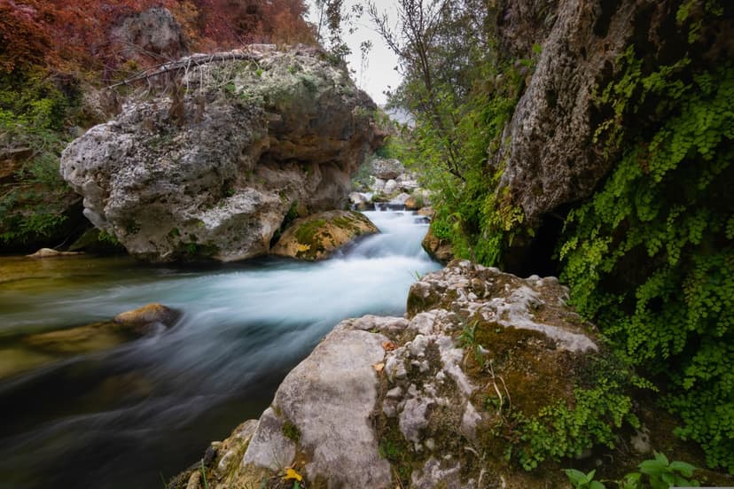 Misty river cascading through moss-covered rocks and steep cliffs under a soft woodland sun for phone screens.