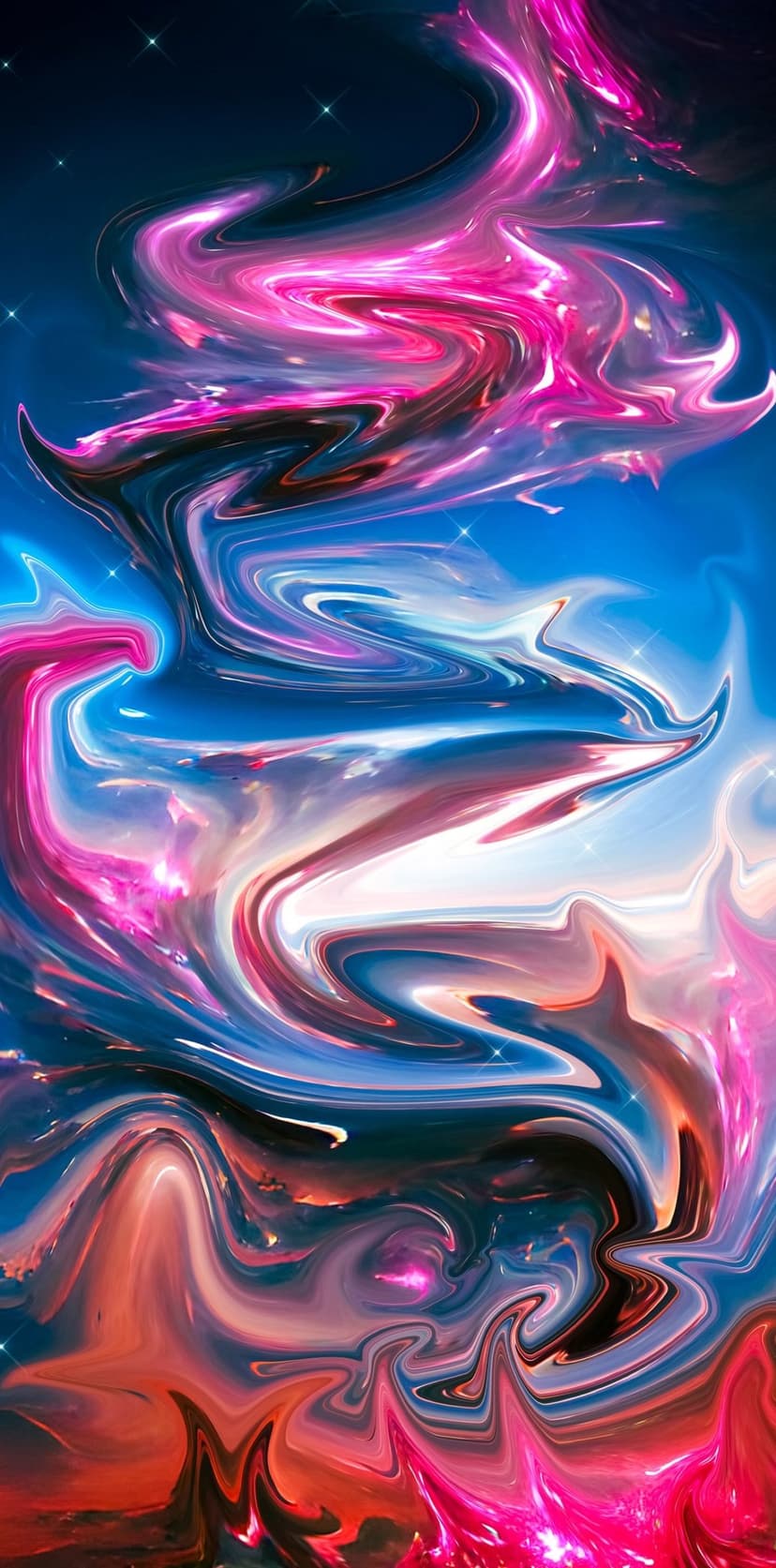 Swirling pink and blue celestial gas clouds with glowing orange highlights and tiny white stars in deep space.