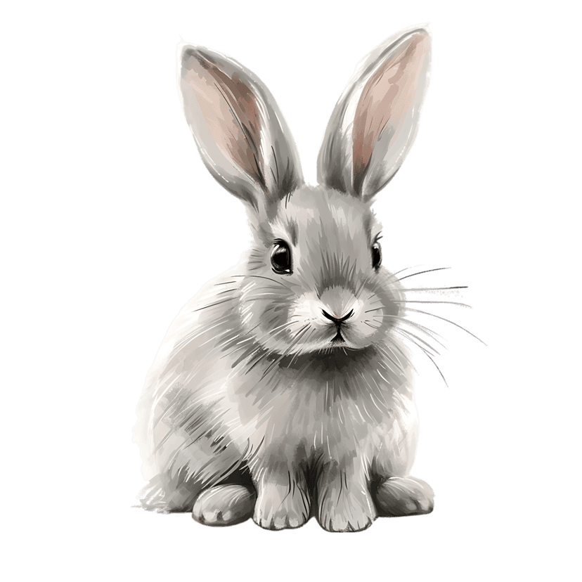 Bunny rabbit watercolor artwork sits upright on a black background featuring soft grey fur and long ears.