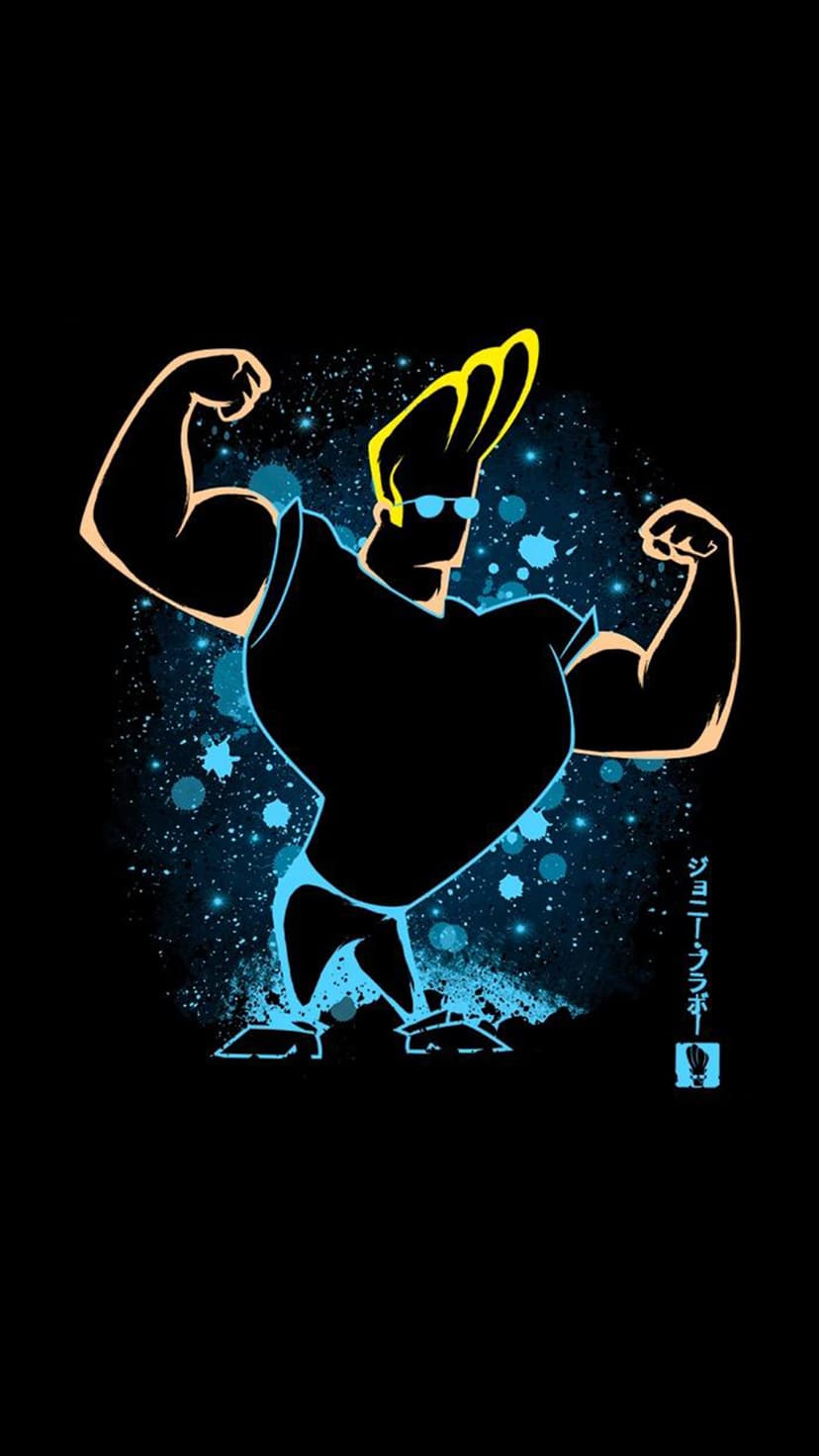 Johnny Bravo silhouette flexing muscles against a blue and orange nebula with stars and Japanese characters.