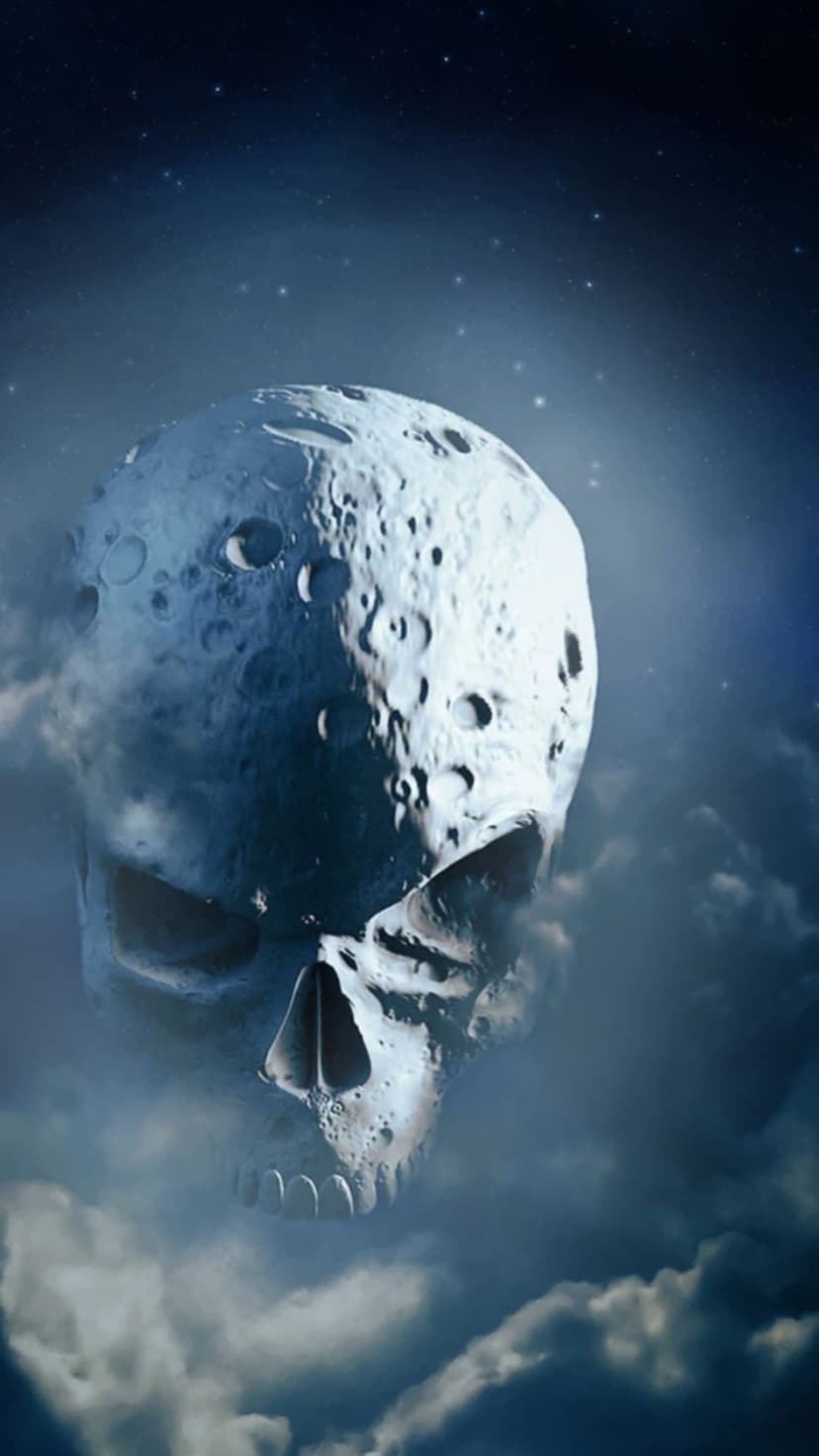 Human skull with a cratered moon surface drifts through glowing nebula clouds and a shimmering starry night sky.