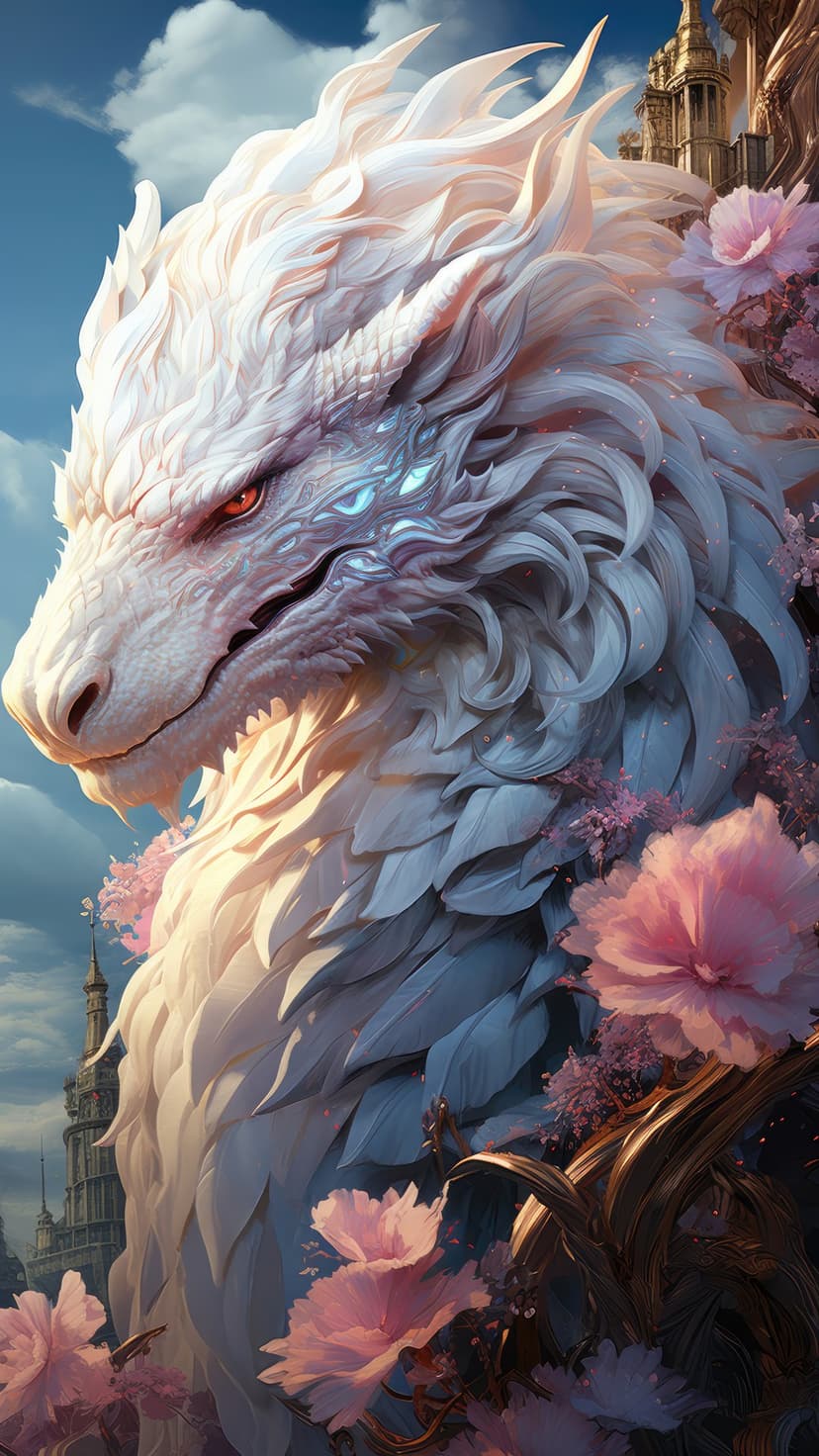White dragon with glowing blue eyes rests among pink cherry blossoms and ancient towers under a soft cloudy sky.