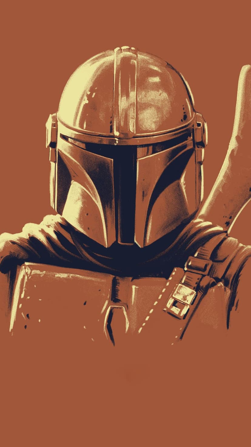 Mandalorian helmet in a sepia-toned close-up features metallic reflections and a dark vertical visor slit.