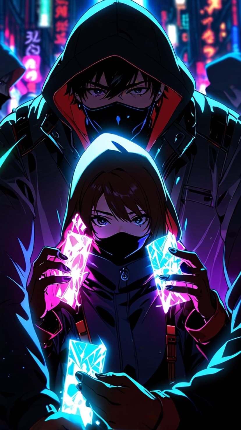 Two masked figures in hoods hold glowing pink and blue shards against a blurred neon cityscape at night.