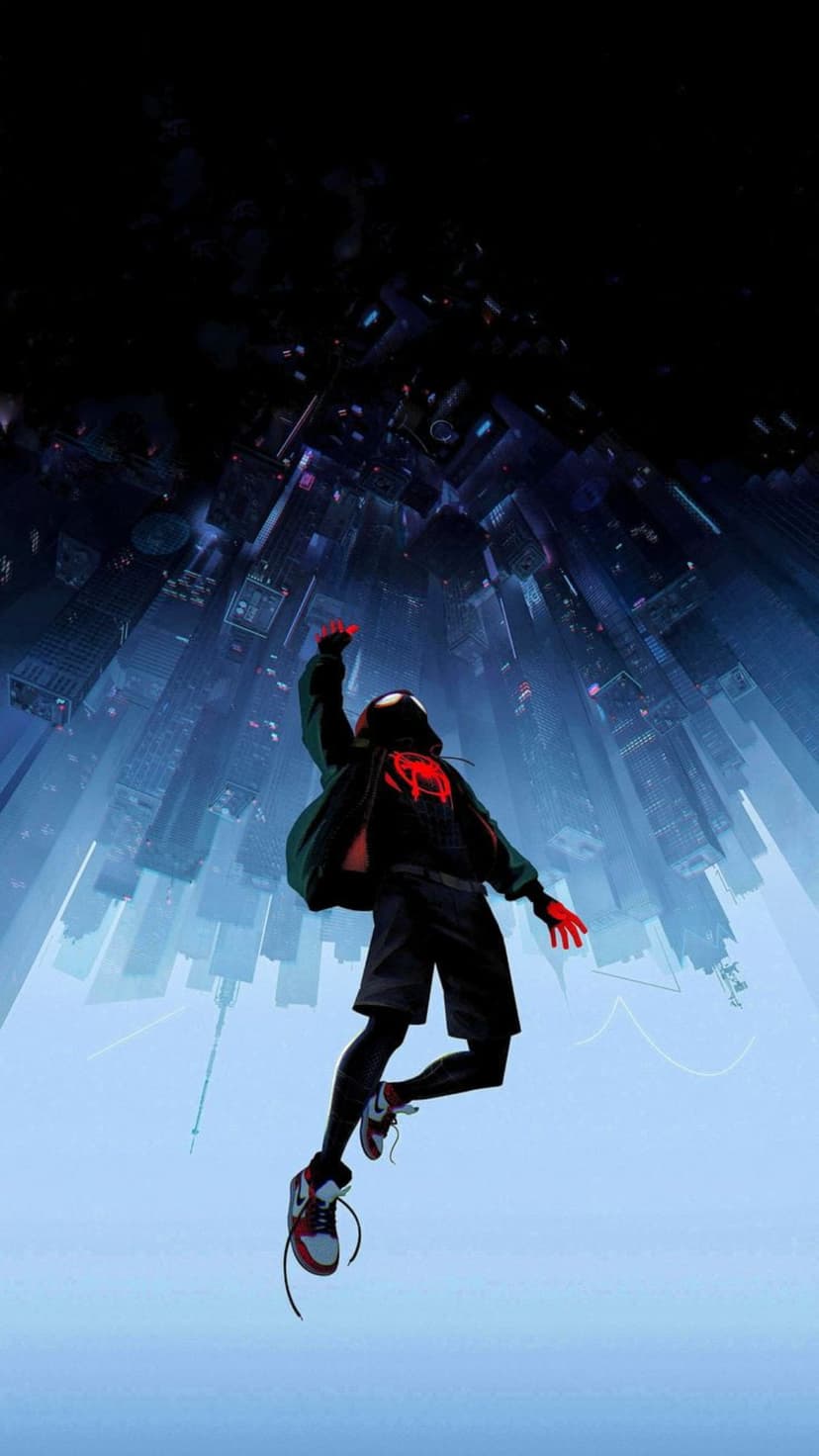 Miles Morales Spider-Man falls toward glowing blue skyscrapers in an upside-down urban night scene.