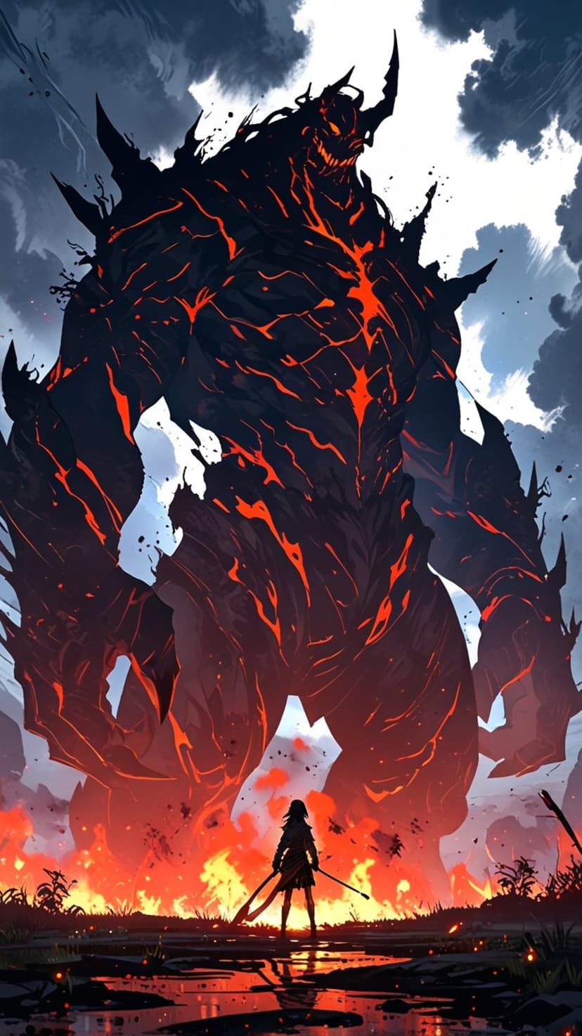 Colossal magma monster with glowing lava veins towers over a tiny knight holding a sword on scorched earth.