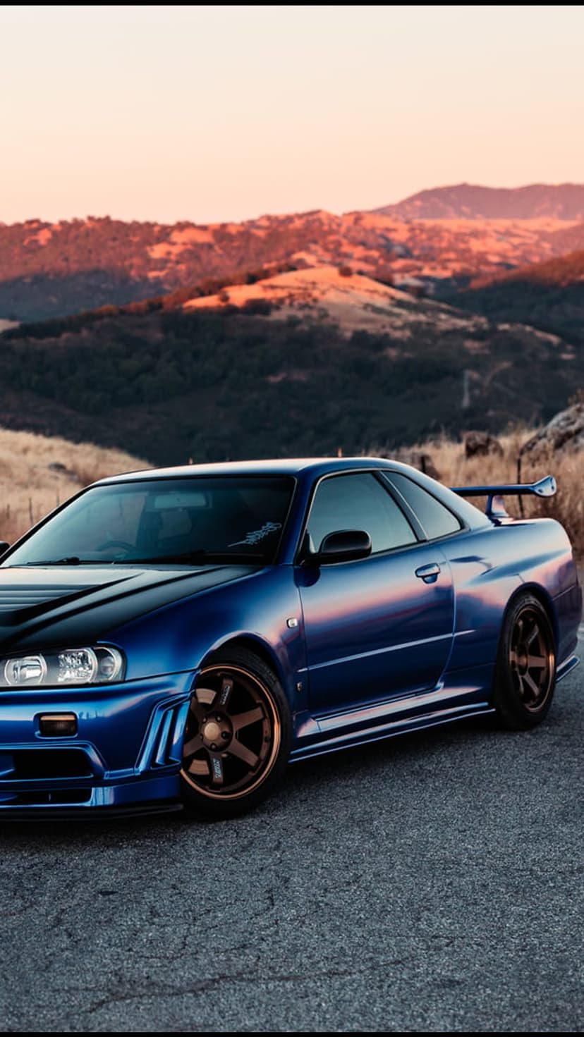 Blue Nissan Skyline R34 with bronze wheels parked on a road against a backdrop of glowing sunset mountains.