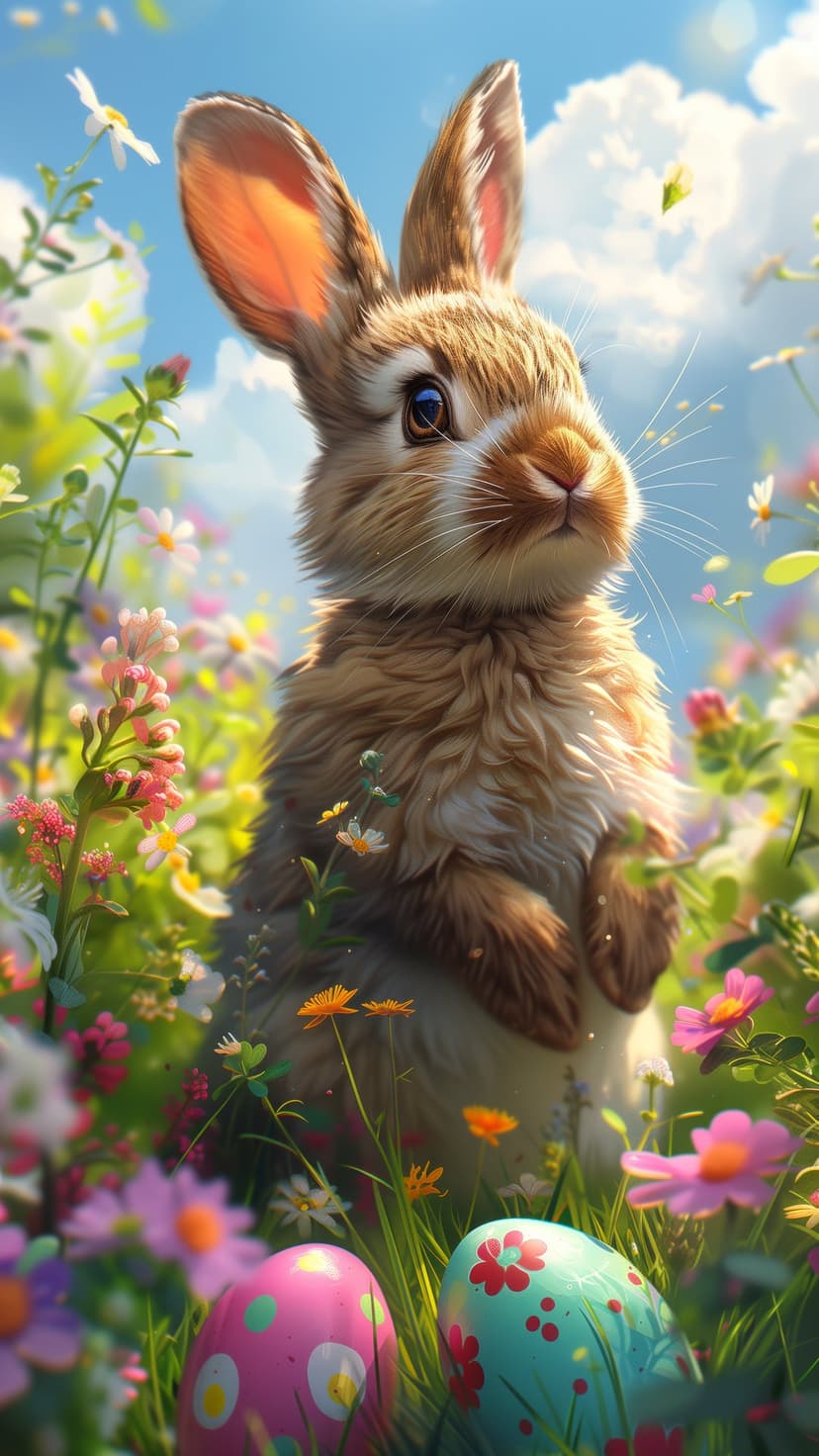Fluffy white rabbit sits near pink and turquoise painted eggs in a grassy meadow under a clear blue sky.