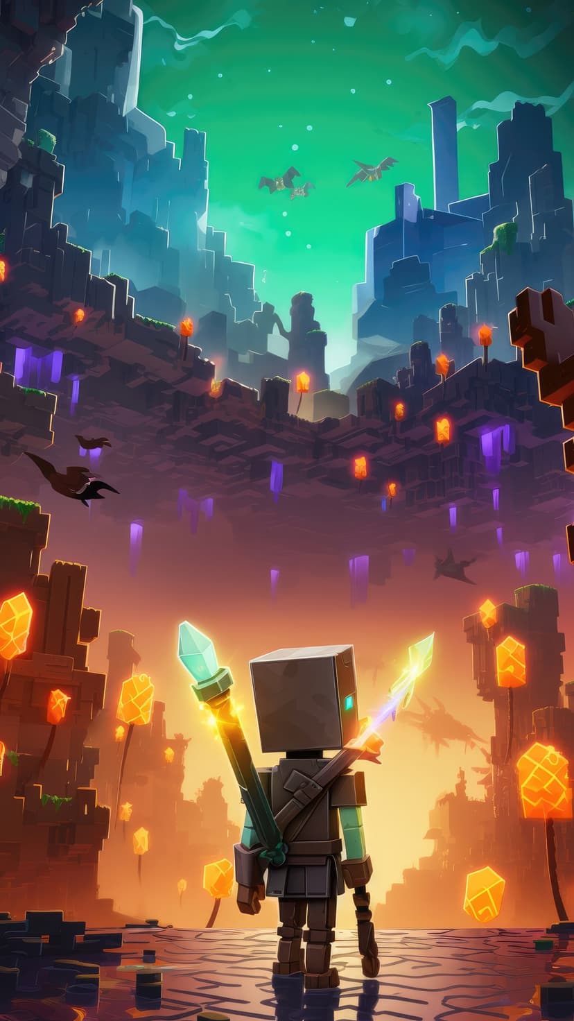 Blocky warrior holding a glowing sword and staff amidst bioluminescent plants and floating geometric structures.