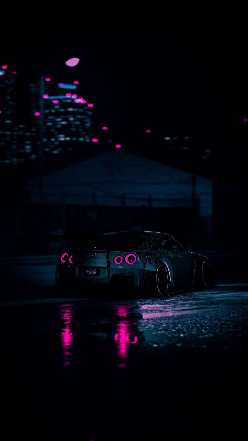 Dark sports car with pink glowing taillights reflects on a wet city street at night amidst blurred urban lights.