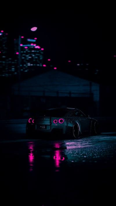 Neon Glow Car on Wet City Street
