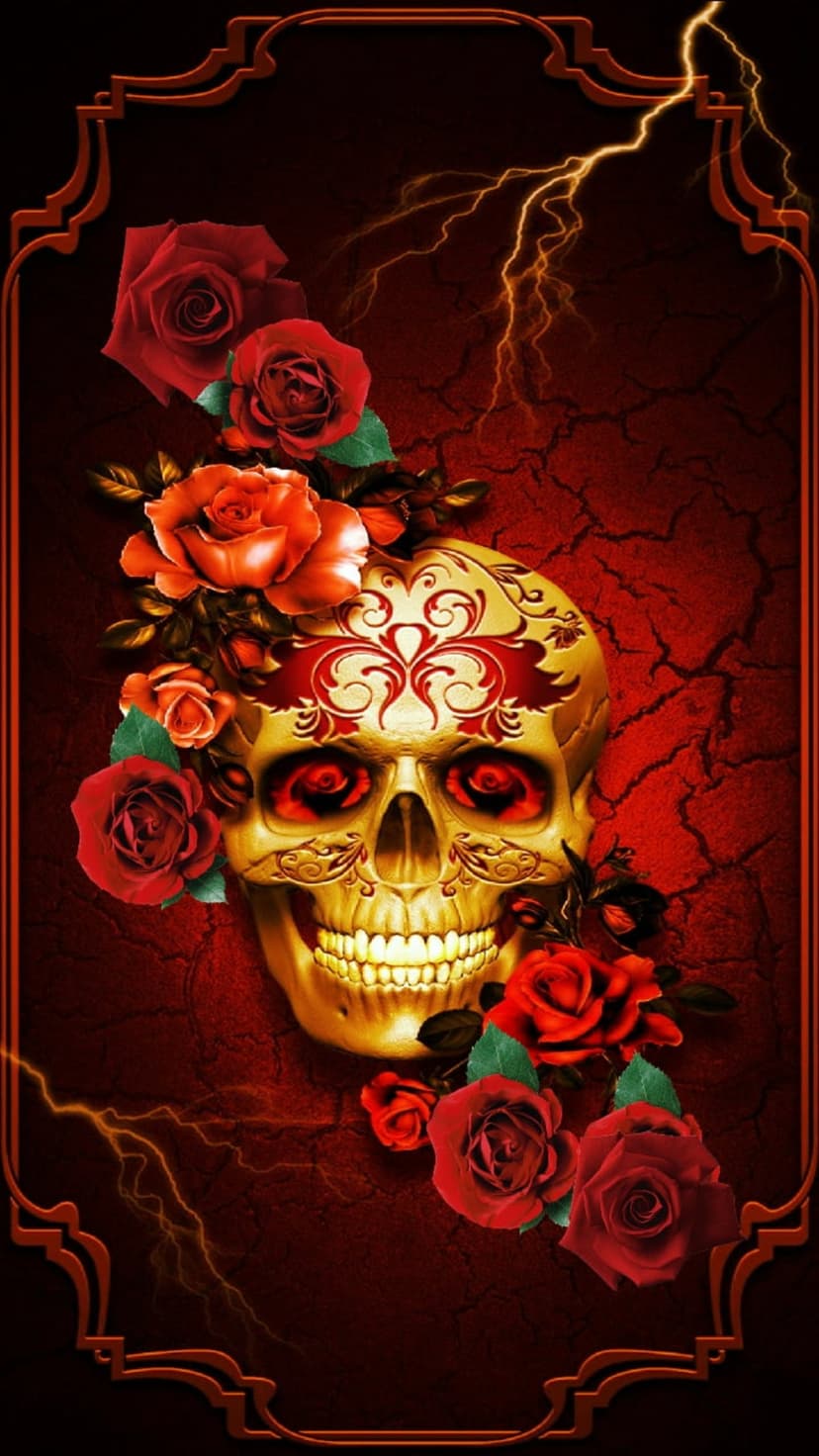 Golden skull with glowing eyes and red floral engravings surrounded by crimson roses and yellow lightning bolts.