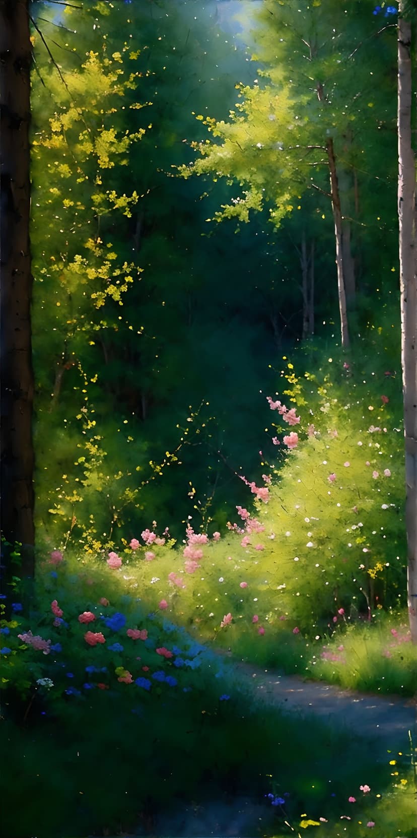 Winding forest path lined with pink and blue wildflowers under soft golden sunlight filtering through trees.