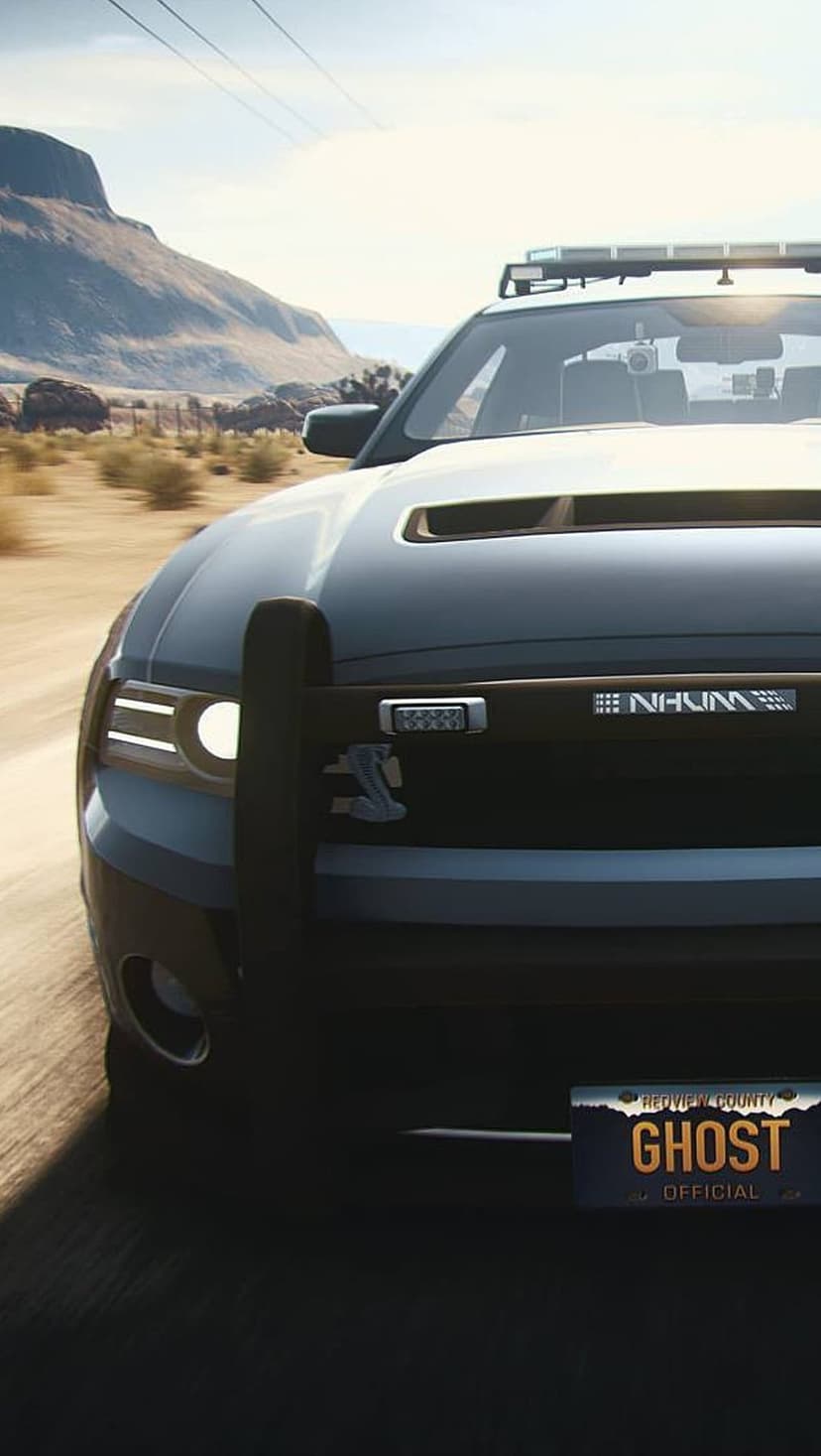 Black police interceptor car with siren lights driving on a dusty desert road toward barren mountains.