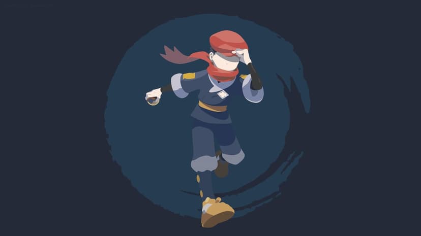 Minimalist Rei from Pokemon Legends Arceus running with a Pokeball against a dark blue circular backdrop.