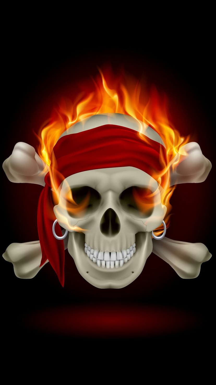 Pirate skull wearing a red bandana is engulfed in orange flames with crossed bones on a dark smoky background.