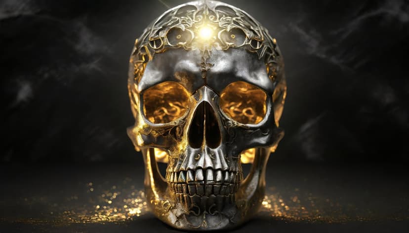 Golden filigree skull with glowing orange eyes and metallic silver accents rests in a dark smoky atmosphere.