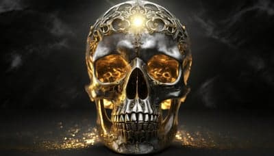 Intricate Gilded Skull Wallpaper with Glowing Ember Eyes