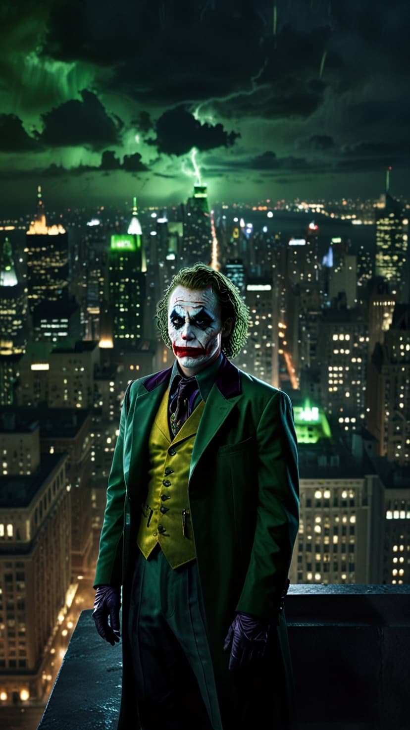 The Joker in a green suit stands on a ledge looking over a dark city with green lightning in the stormy sky.