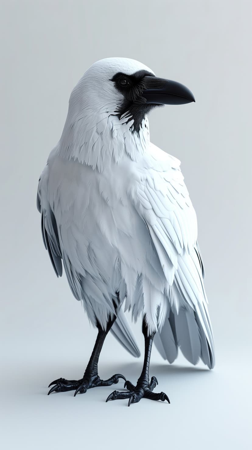 Albino crow with pure white feathers and a black beak stands against a soft, light background in vertical view.