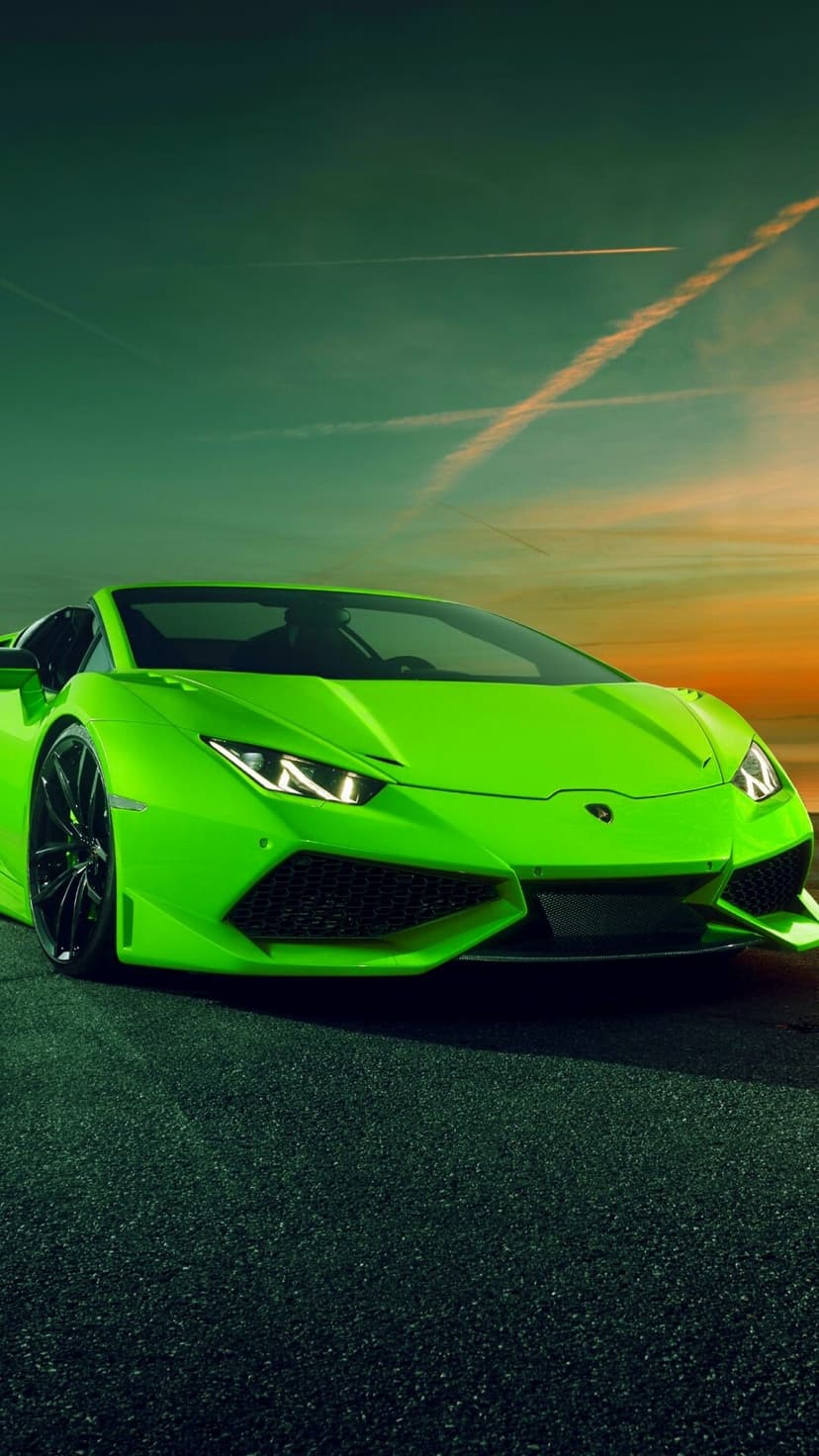 Lime green Lamborghini Huracán Spyder on asphalt under a green and orange sunset sky with airplane contrails.