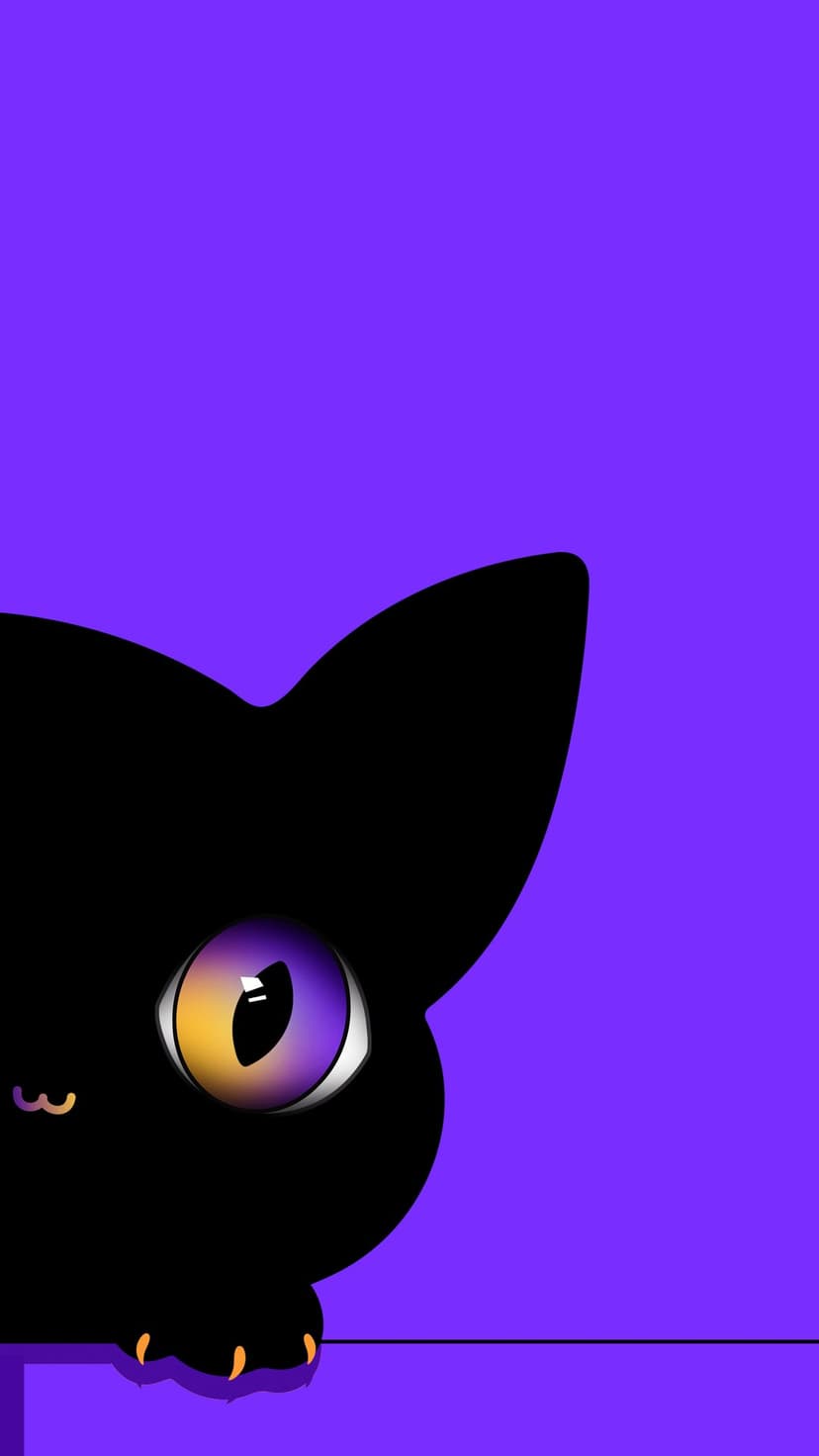 Black cat with a large purple and yellow eye peeking from the side of a solid violet background in vertical view