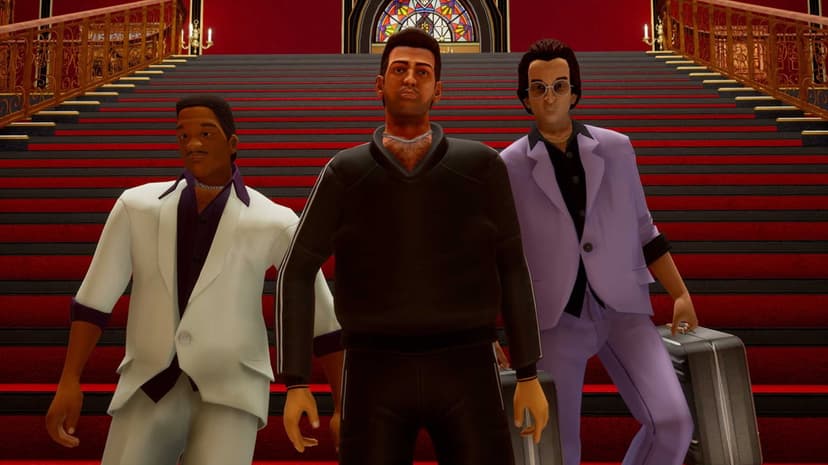Three GTA protagonists in suits stand on a grand red-carpeted staircase with gold railings and silver briefcases.