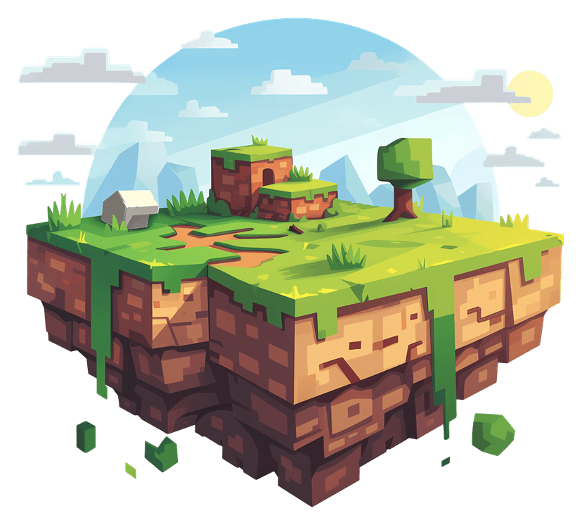 Floating grass island voxel block with a green leafy tree features pixelated textures and earthy brown layers.