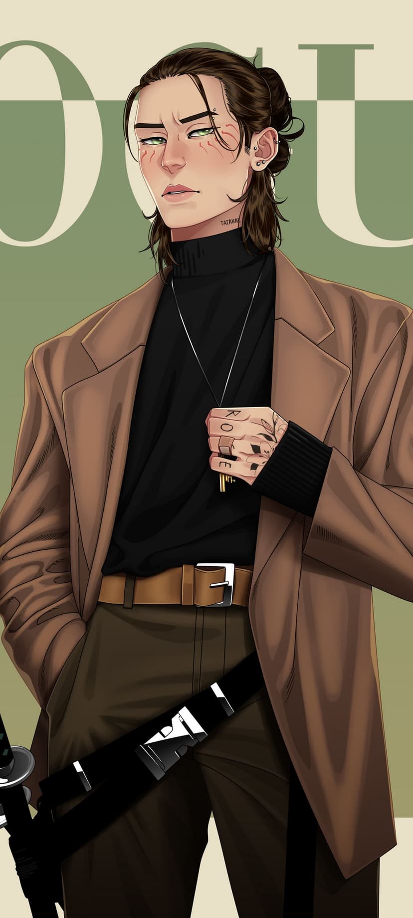 Young man with green eyes and a hair bun wearing a tan blazer, black turtleneck, and a silver key necklace.