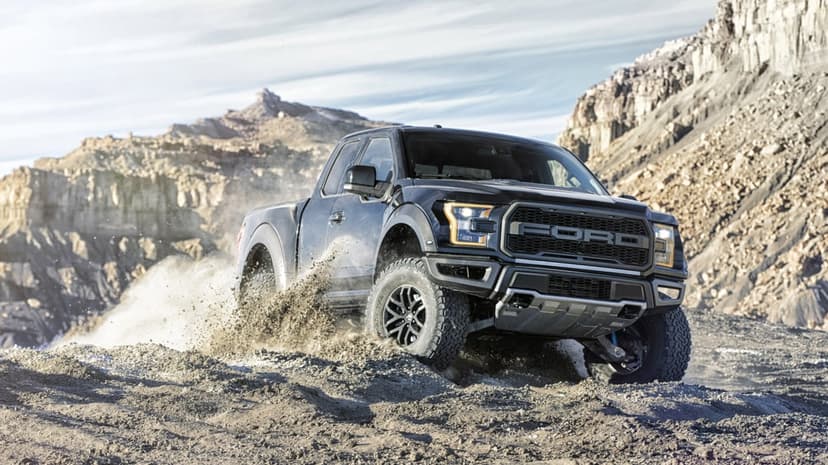Black Ford Raptor truck kicking up dirt while off-roading in a rocky desert canyon under a bright sky.
