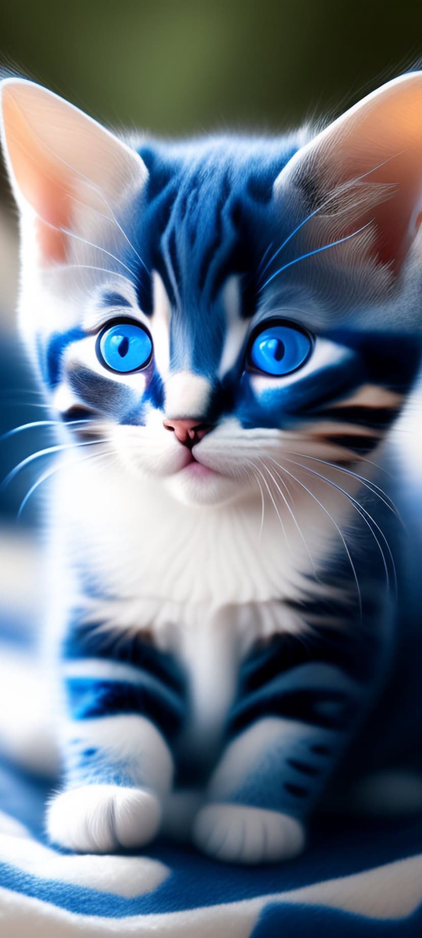 Blue and white striped kitten with large sapphire eyes looks ahead against a soft blurred background.