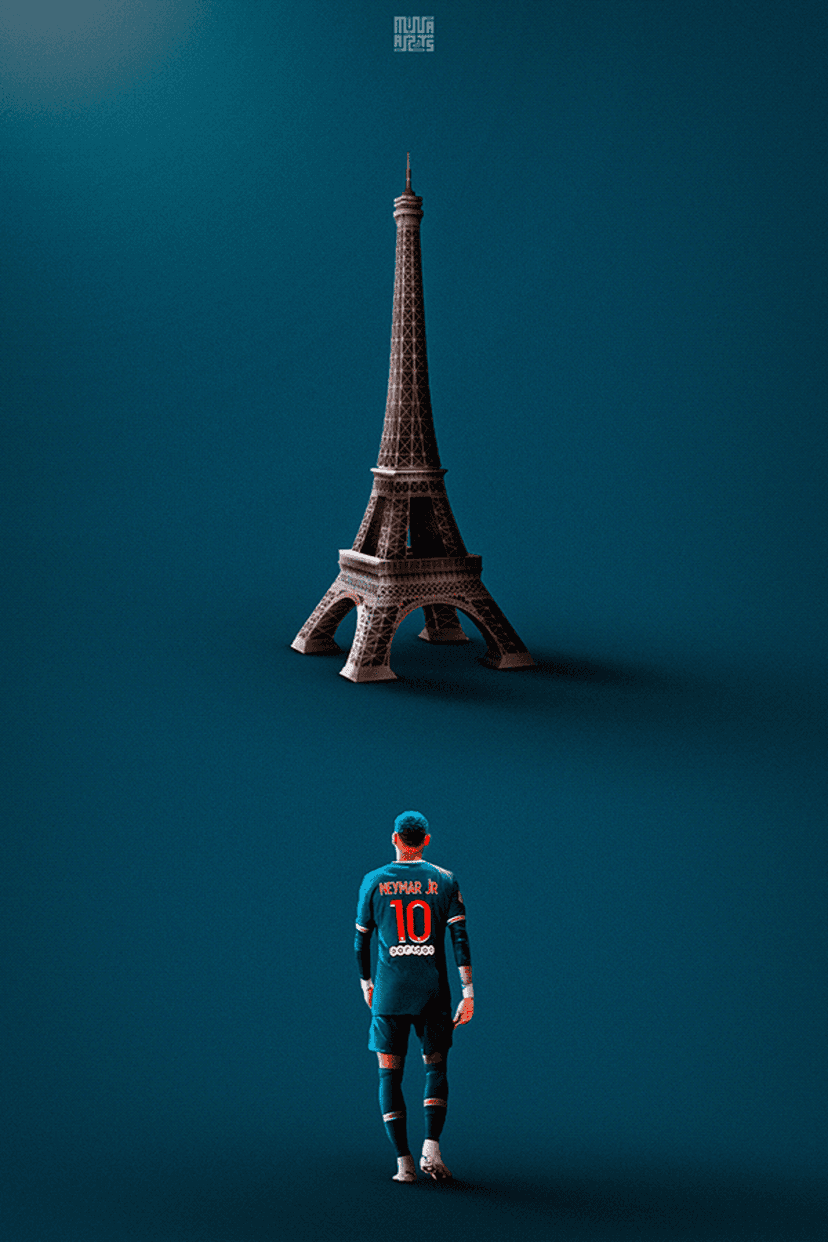 Neymar Jr in a PSG kit gazes at the Eiffel Tower against a dark blue background in a vertical portrait format.