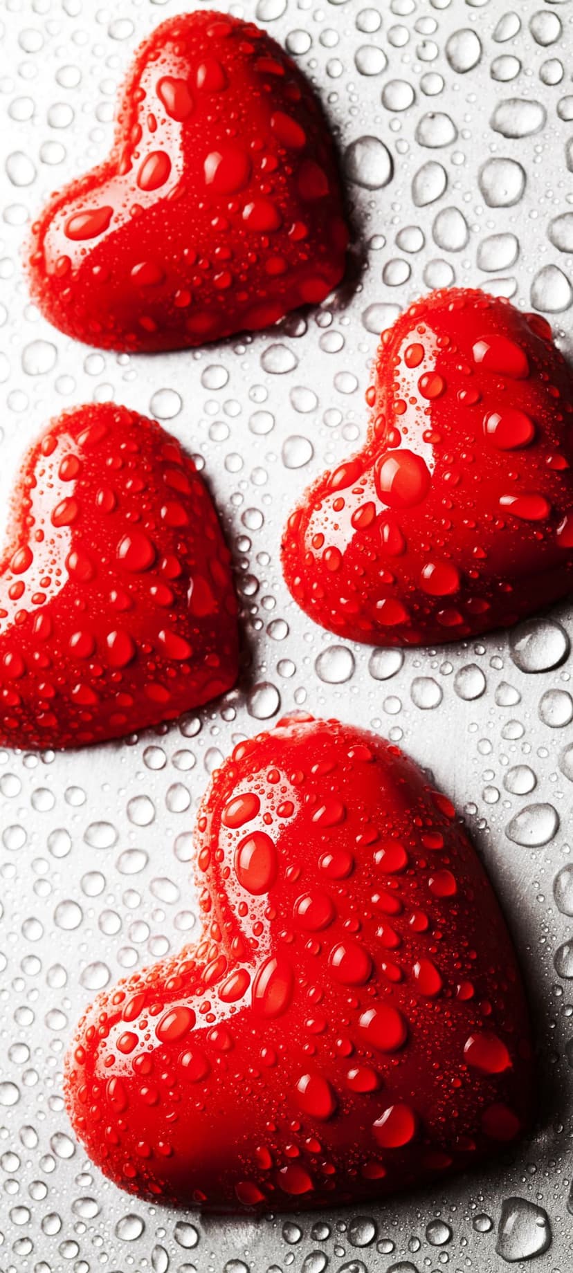 Red glossy hearts covered in clear water droplets rest on a textured metallic surface in a macro photograph.