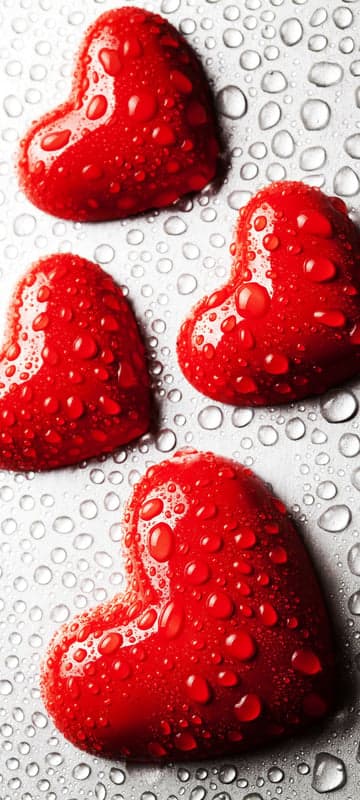 Red Hearts with Water Droplets on Textured Surface
