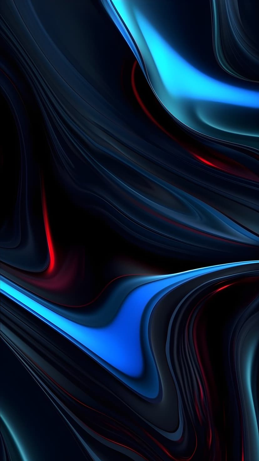 Dark blue and crimson red liquid waves curve gracefully across a black background with neon light reflections.