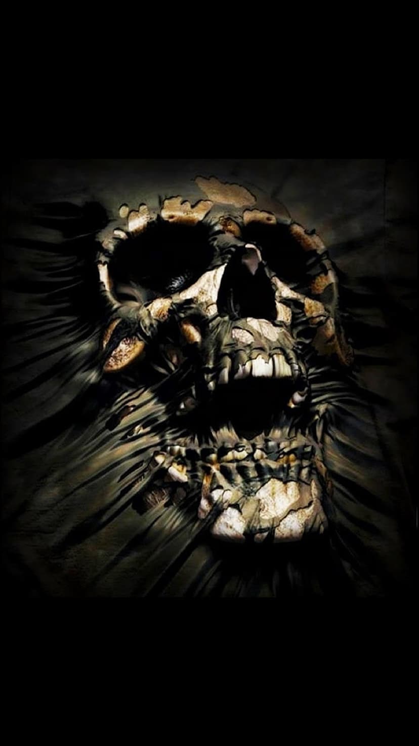Gritty human skull with visible teeth and eye sockets partially covered by flowing black fabric in deep shadow.