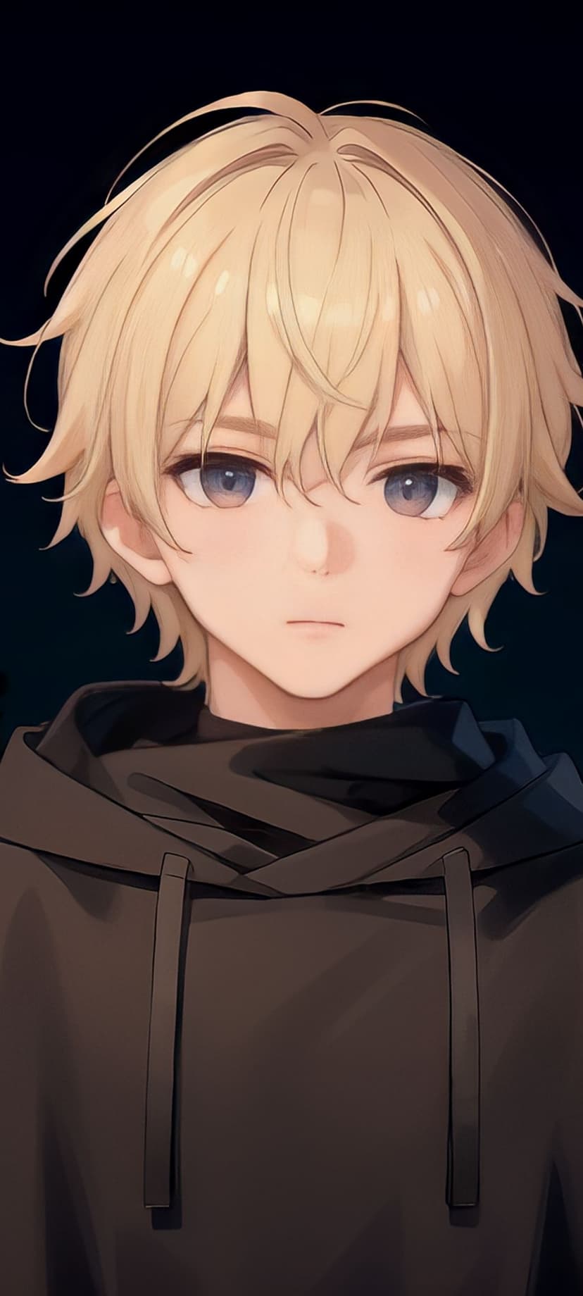 Blonde boy with striking blue eyes and messy hair wears a dark hoodie against a shadowy, pitch black background.