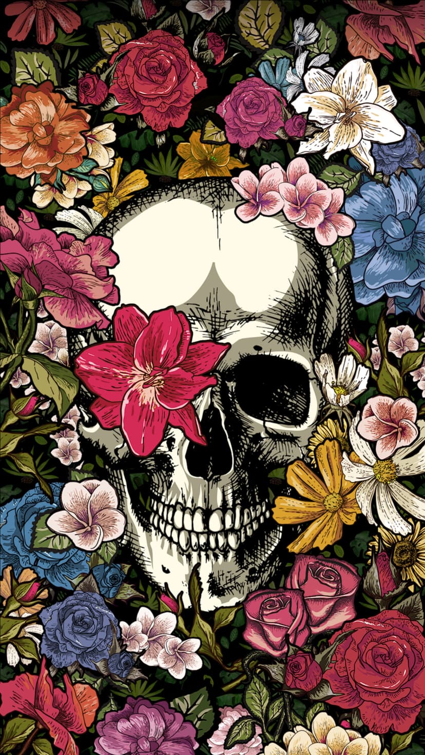 Human skull nestled in a thick bouquet of colorful roses and lush green leaves against a dark background.