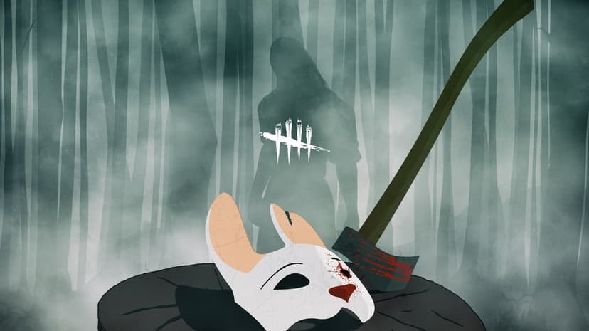 Huntress mask and bloody axe on a tree stump in a foggy forest with a ghostly silhouette and the DbD logo.