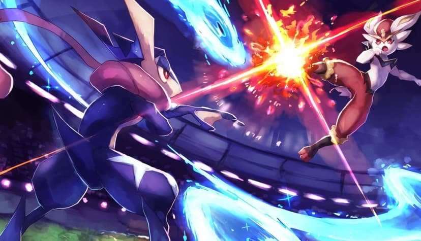 Greninja and Cinderace clash in a stadium with blue water trails and a fiery explosion during a dynamic battle.