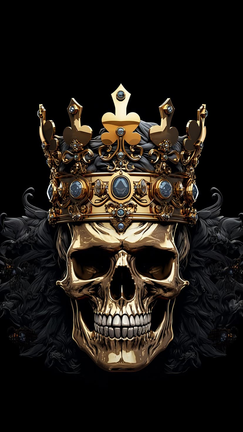Golden skull wearing an ornate jeweled crown with fleur-de-lis motifs set against a minimalist black background.