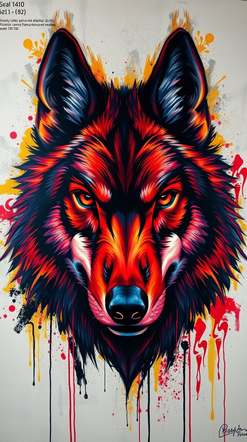 Wolf head with glowing orange eyes and red and blue fur surrounded by vibrant yellow and black paint splatters.