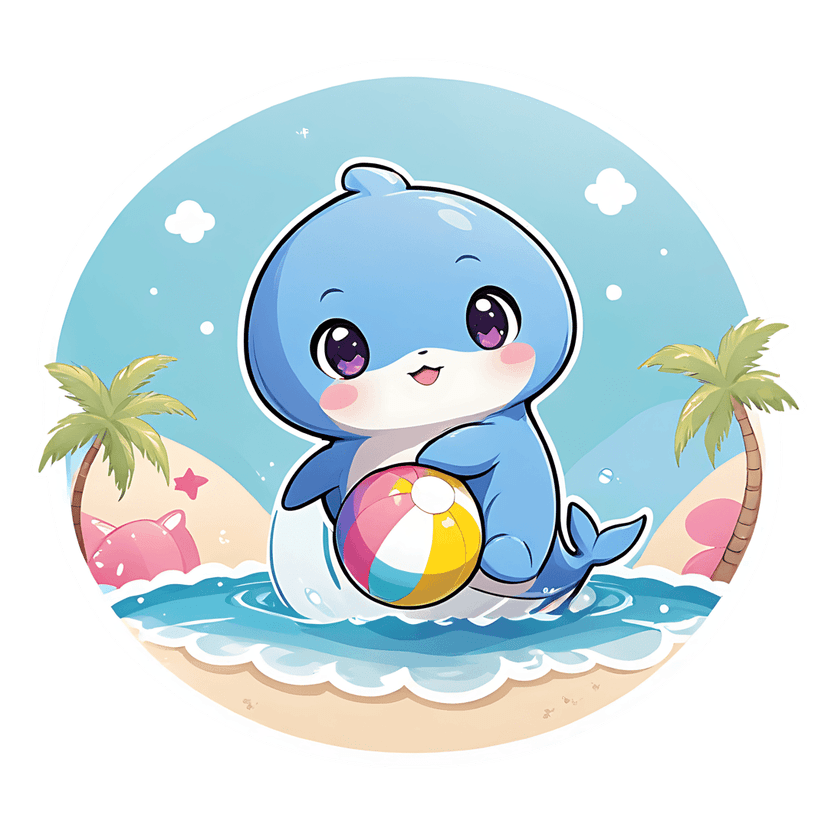Blue dolphin clipart playing with a beach ball under palm trees on a sunny shore with starfish accents.