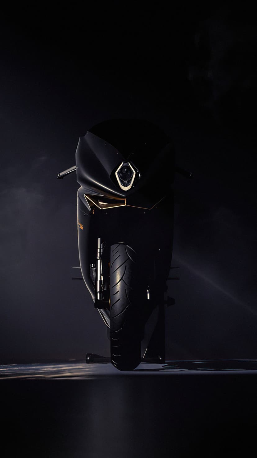 Black sportbike motorcycle with a glowing halo headlight and gold trim against a dark smoky background.