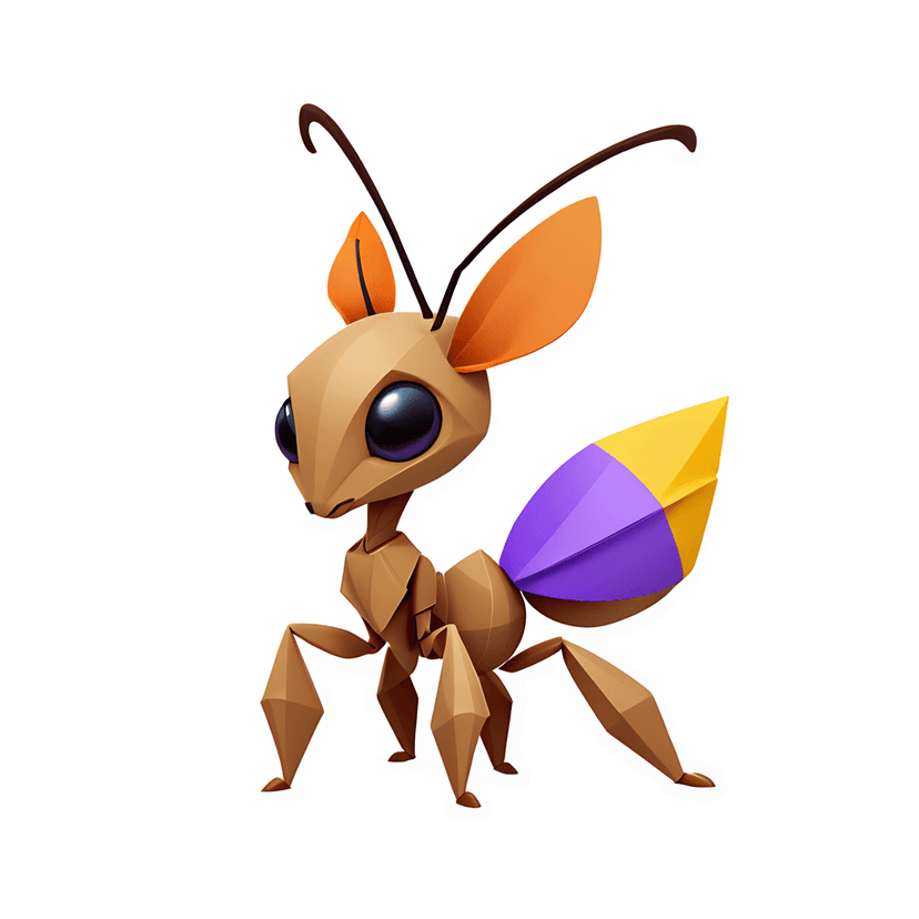 Brown ant sticker with faceted segments, purple eyes, and orange accents shown in a side profile perspective.