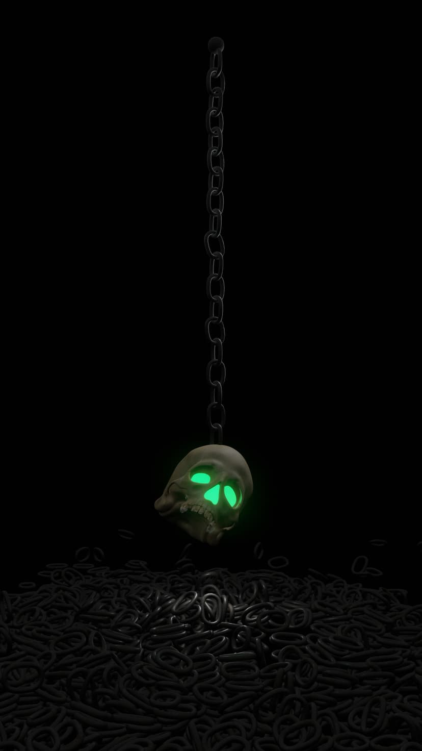 Green-eyed skull suspended by a heavy metal chain over a pile of interlocking links in low-key lighting.